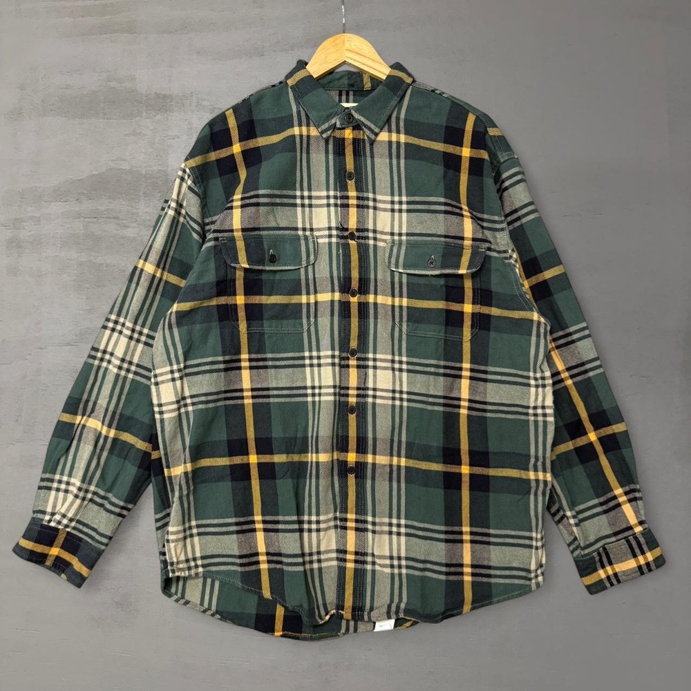 Eddie Bauer Flannel Shirt Green Plaid Button Down Cotton Men's Large Deadstock‎